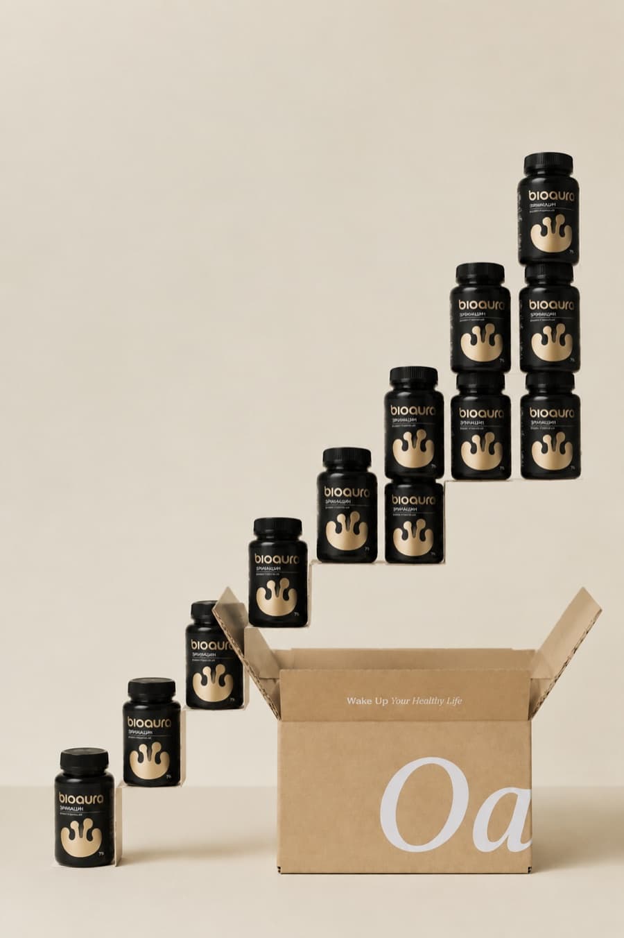 bioaura bottles arranged above a branded box